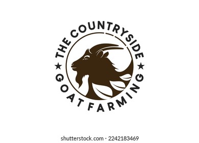 Goat head silhouette in vintage style for goat farm label logo design