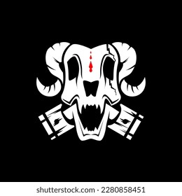 goat head skull and Pistons. goat skull biker badge logo illustration. Skull with Pistons logo concept. animal skull scare with horn logo. 