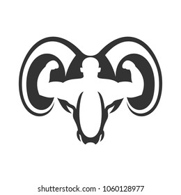 Goat head with symbol of Body Builder man logo vector.
