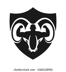 Goat head with symbol of Body Builder man logo vector.
