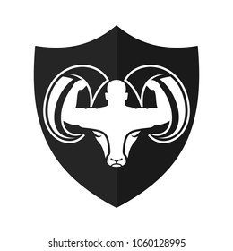 Goat head with symbol of Body Builder man logo vector.