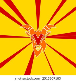 Goat head symbol on a background of red flash explosion radial lines. The large orange symbol is located in the center of the sun, symbolizing the sunrise. Vector illustration on yellow background
