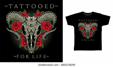 Goat Head Tattooed with Roses vector illustration t-shirt design concept.