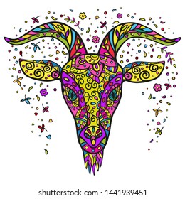 Goat head. Vector color illustration in doodle style. Hand drawing isolated on white background.