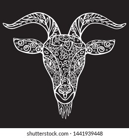 Goat head. Vector illustration in doodle style. Hand drawing isolated on a black background.