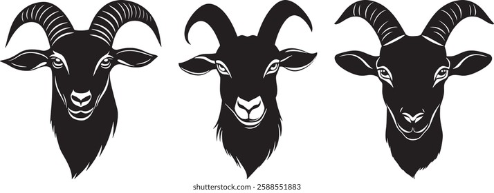 Goat Head Vector Silhouettes, Isolated on White Background