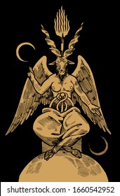Goat headed demon Baphomet with torch on top of his head and big black wings siting an pointing with his hands on two moons.
