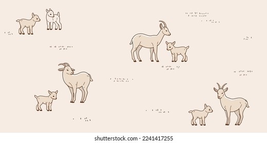 Goat with her baby in field grazing. Seamless trendy pattern with farm animal. Outline vector illustration for prints, clothing, packaging and postcards.