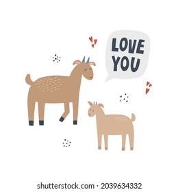 Goat and her kid. HAnd drawn vector illustration with lettering in cartoon style for kids design.