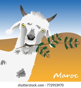 The goat is holding a branch of an argan tree with argan nuts in his teeth. The symbol of Morocco. illustration Text in translation: Morocco