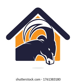 Goat And Home Logo Design. Mountain goat vector logo design.