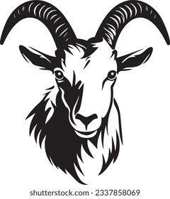 Goat with horns, Basic simple Minimalist vector graphic, isolated on white background, black and white