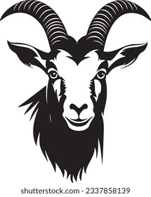 Goat with horns, Basic simple Minimalist vector graphic, isolated on white background, black and white