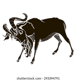 Goat with horns. Zodiac sign - Capricorn. Vector illustration. Black silhouette, white background