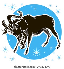 Goat with horns. Zodiac sign - Capricorn. Vector illustration. Black silhouette, blue circle