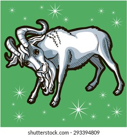 Goat with horns. Zodiac sign - Capricorn. Vector illustration. Colored. Green background