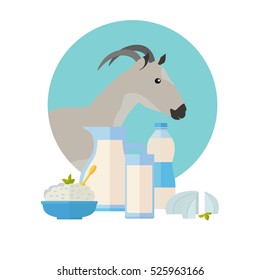 Goat icon with milk products. Goat breeding. Dairy set milk in jug, sour cream, cottage cheese, butter and cream. Cheese making logo design. Agricultural farming concept. Vector illustration