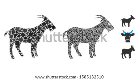 Goat icon mosaic of tuberous elements in different sizes and shades, based on goat icon. Vector inequal elements are grouped into mosaic. Goat icons collage with dotted pattern.