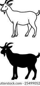 Iconos de cabra. Ilustración vectorial en blanco y negro. Animal rumiante con cuernos con pelo largo y recto, pezuñas y cuernos. Agricultura, agricultura. Para el diseño de libros para colorear. Concepto de animales domésticos