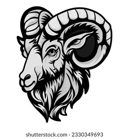 goat illustration tattoos concept prints designs. Horned goat head styles black on white
