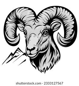 goat illustration tattoos concept prints designs. Horned goat head styles black on white

