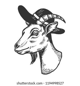 Goat inbroad brim hat engraving vector illustration. Scratch board style imitation. Black and white hand drawn image.