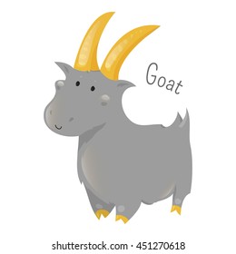 Goat isolated on white. Capra aegagrus hircus. Member of the family Bovidae. Sheep. Antelop. Part of series of cartoon home animal species. Domestic pets. Sticker for kids. Child fun icon. Vector
