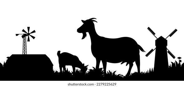 Goat with kid grazing on farmer pasture grass. Farm pets. Animals for milk and dairy products. Isolated on white background. Vector