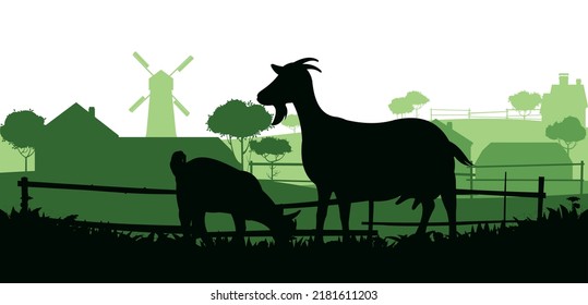 Goat with kid grazing on meadow rural village. Picture silhouette. Farm pets. Animals for milk and dairy products. Isolated on white background. Vector