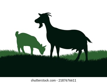 Goat with kid grazing on meadow hills. Picture silhouette. Farm pets. Animals for milk and dairy products. Isolated on white background. Vector.