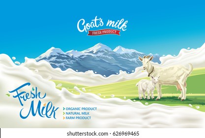 Goat and kid in a mountainous landscape and splash milk form like design elements.