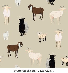 Goat and kid seamless vector pattern. Surface design for fabric, wallpaper, wrapping paper, invitation card. Light beige, cream, ivory colors. Delicate farm animals repeatable tile.