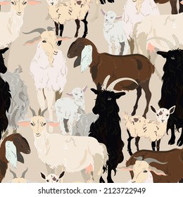 Goat and kid seamless vector pattern. Surface design for fabric, wallpaper, wrapping paper, invitation card. Light beige, cream, ivory colors. Delicate farm animals repeatable tile.