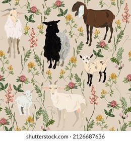 Goat and kid seamless vector pattern. Surface design for fabric, wallpaper, wrapping paper, invitation card. Light beige, cream, ivory colors. Delicate farm animals. 
Repeatable tile. Eco background.