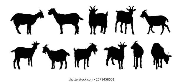 goat and goat kid silhouette set. goat and goat kid isolated farm animal silhouette icon vector collection. Vector illustration