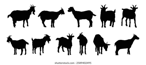 goat and goat kid silhouette set. goat and goat kid isolated farm animal silhouette icon vector collection. Vector illustration