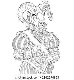 Goat king portrait. Fantasy animal coloring book page for adults