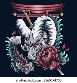 Goat and koi fish vector illustration