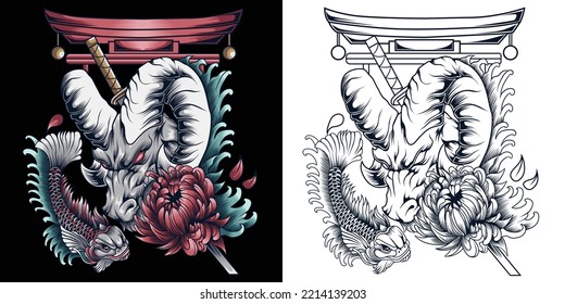 Goat and koi fish vector illustration