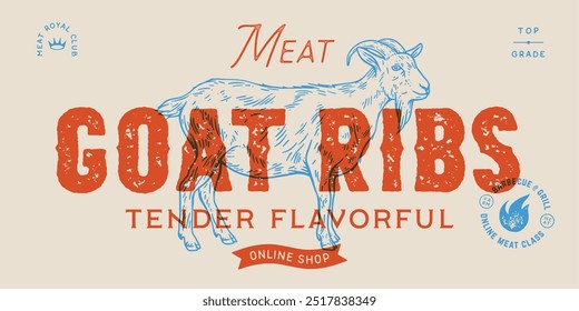 Goat. Label template, tag. Vintage print, black white goat drawing, sketch ink pencil draw, engrave old school style. Sketch artwork silhouette goat. Label, meat tag template. Vector Illustration
