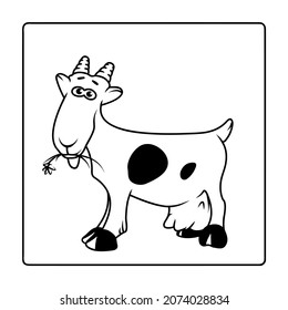 Goat with a large udder is chewing grass. Cartoon drawing flat style contour line label emblem design