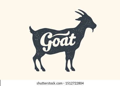 Goat, lettering. Design of farm animals - Goat side view profile. Isolated black silhouette goat with text lettering on white background. Vector Illustration