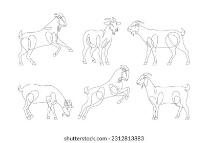 Goat line art vector icon set. Goat in continous line drawing. Farm goat animal line art design pack. Goat symbol. Vector illustration.