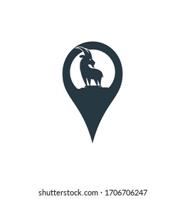 Design der Vektorillustration für die Logo-Position am Ziegenort. Eine Bartziege in Form eines Kartenzeigers.