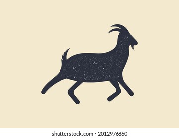 Goat logo. Banner, poster for a meat shop. Logo template for meat business, Butchery meat shop. Black silhouette goat isolated on white background. Vector Illustration. Retro print. Vintage Design.