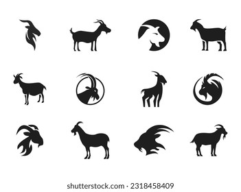 Goat logo. Goat logo template set. Goat silhouette. Goat head. Agriculture industry, wheat farm, farm field, natural harvest, breeder. Vector illustration