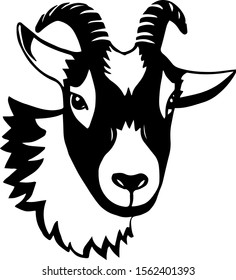 Goat logotype. Face portrait isolated on white background. Black and white pet logo can be used for goats milk and cheese.