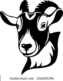 Goat logotype. Face portrait isolated on white background. Black and white pet logo can be used for goats milk and cheese.