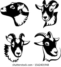 Goat logotype set. Face portrait isolated on white background. Black and white pet logo can be used for goat milk and cheese.