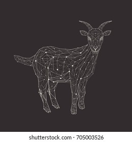 Goat in low poly style. Polygonal geometric triangular wire graphic construction structure.